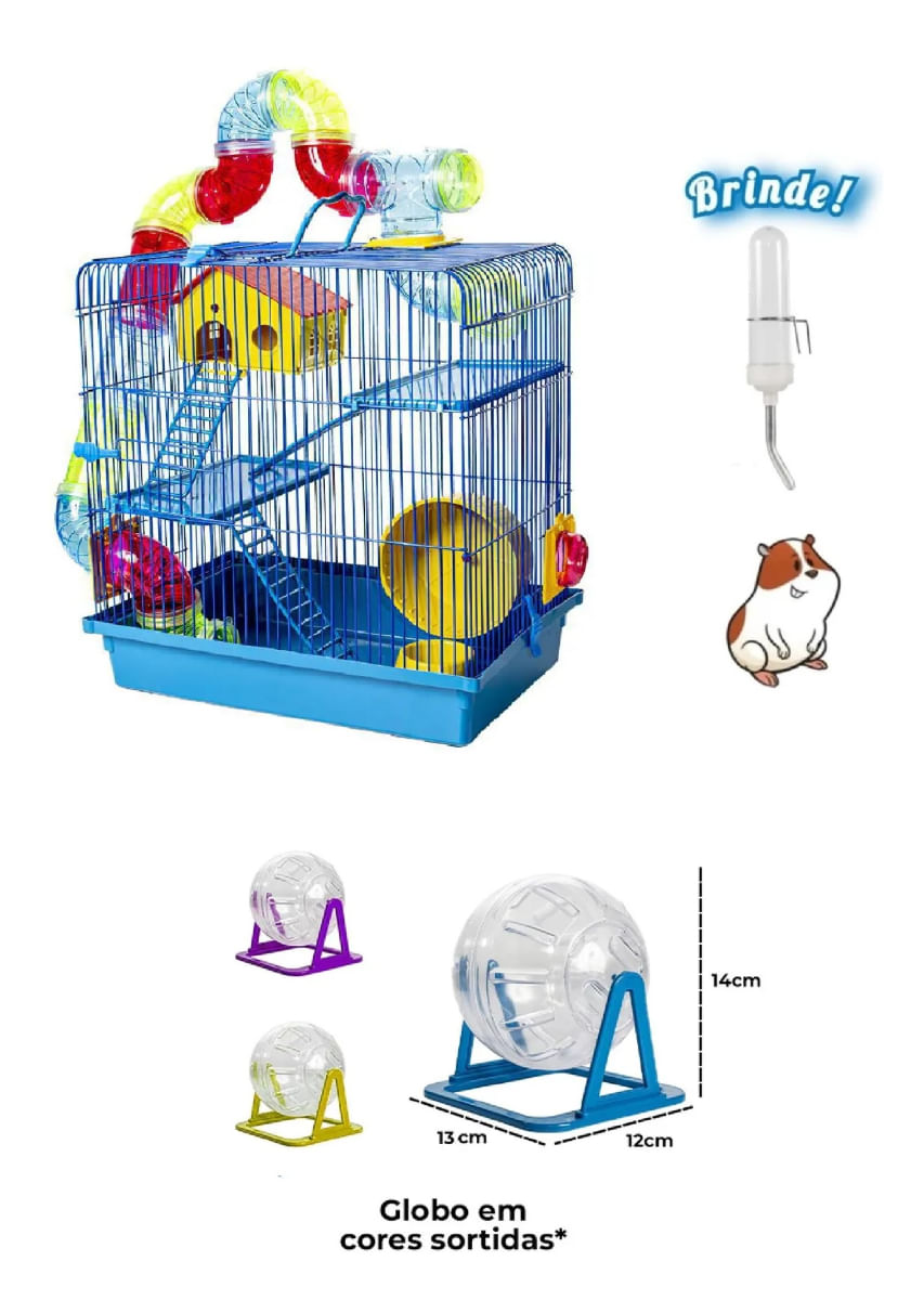 Gaiola Hamster 3 Andares Tubo Luxo Azul + Globo + Bebedouro