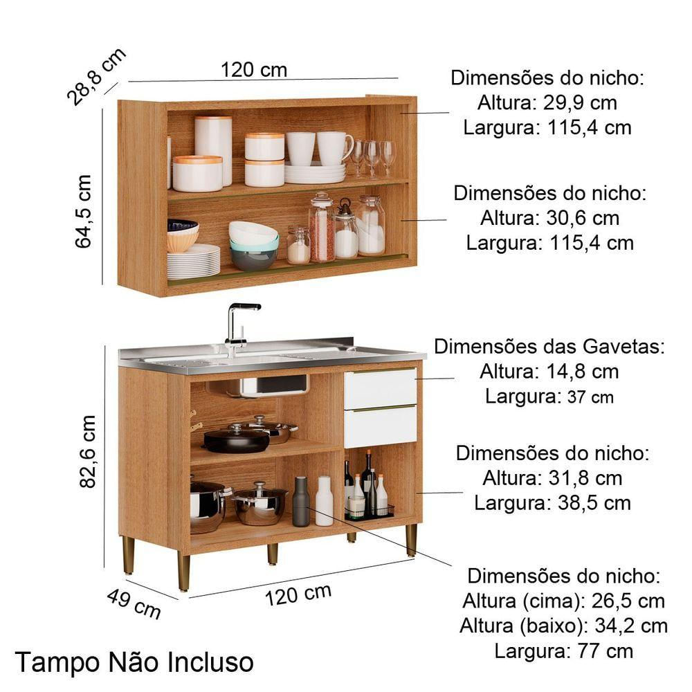 Kit Balcão Para Pia e Armário Aéreo Com Vidro Para Cozinha Opala Carvalho Branco