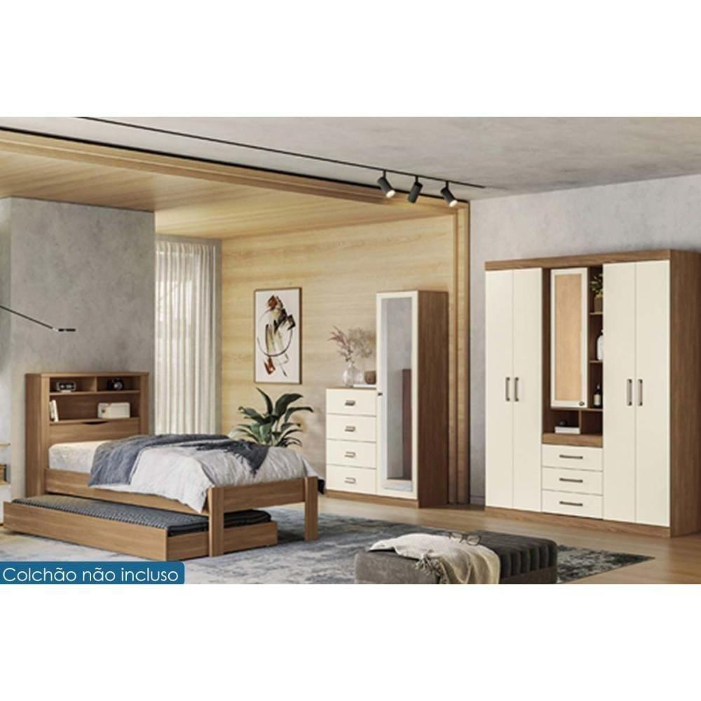 Quarto Completo Solteiro 3 Peças (1guardaroupa+1cama+1cômoda) Qj54 Jatoba-areia - Santos Andirá