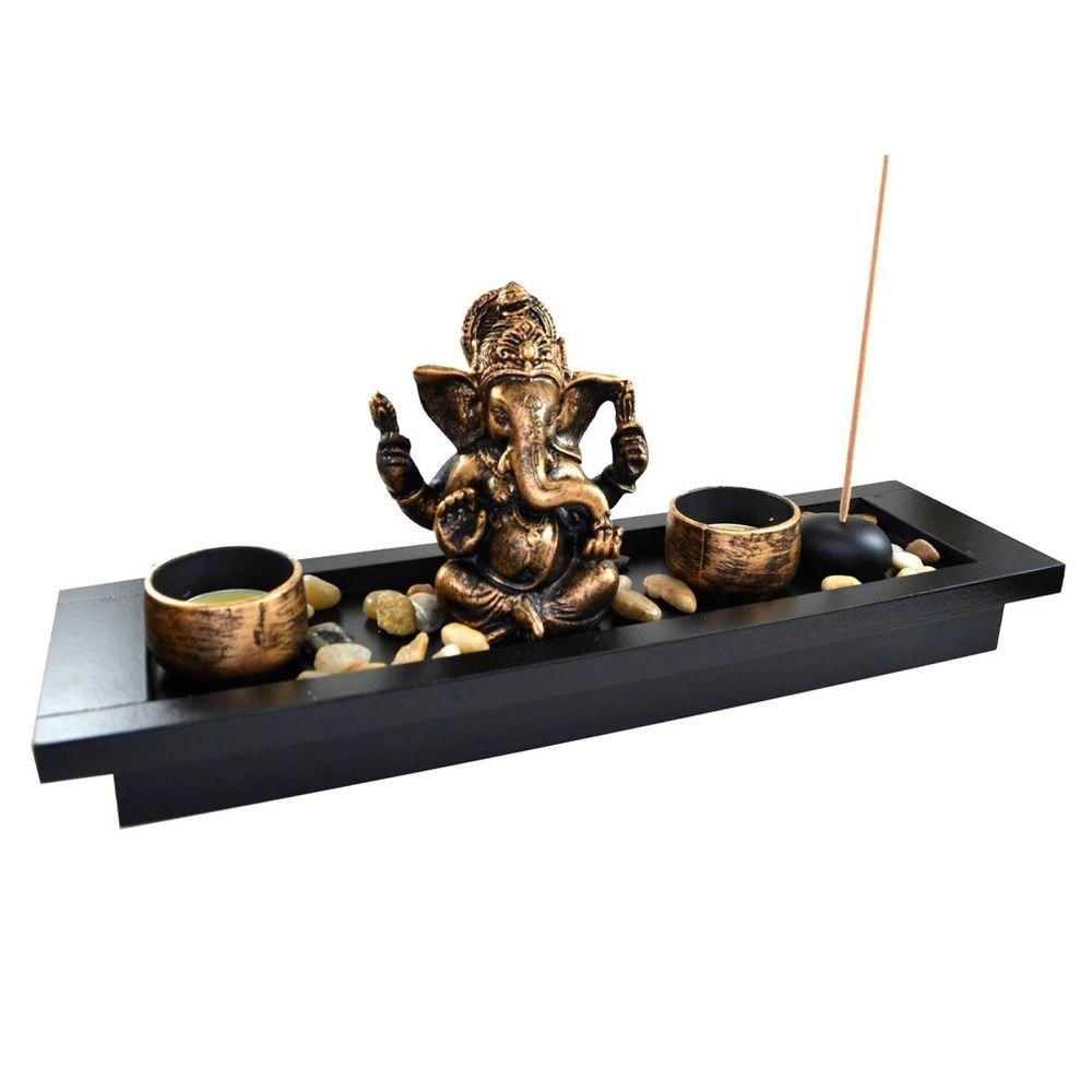 Terrário Bandeja Areia Altar Ganesha Jardim Zen Decorativo Porta Vela Incenso Madeira 14cm