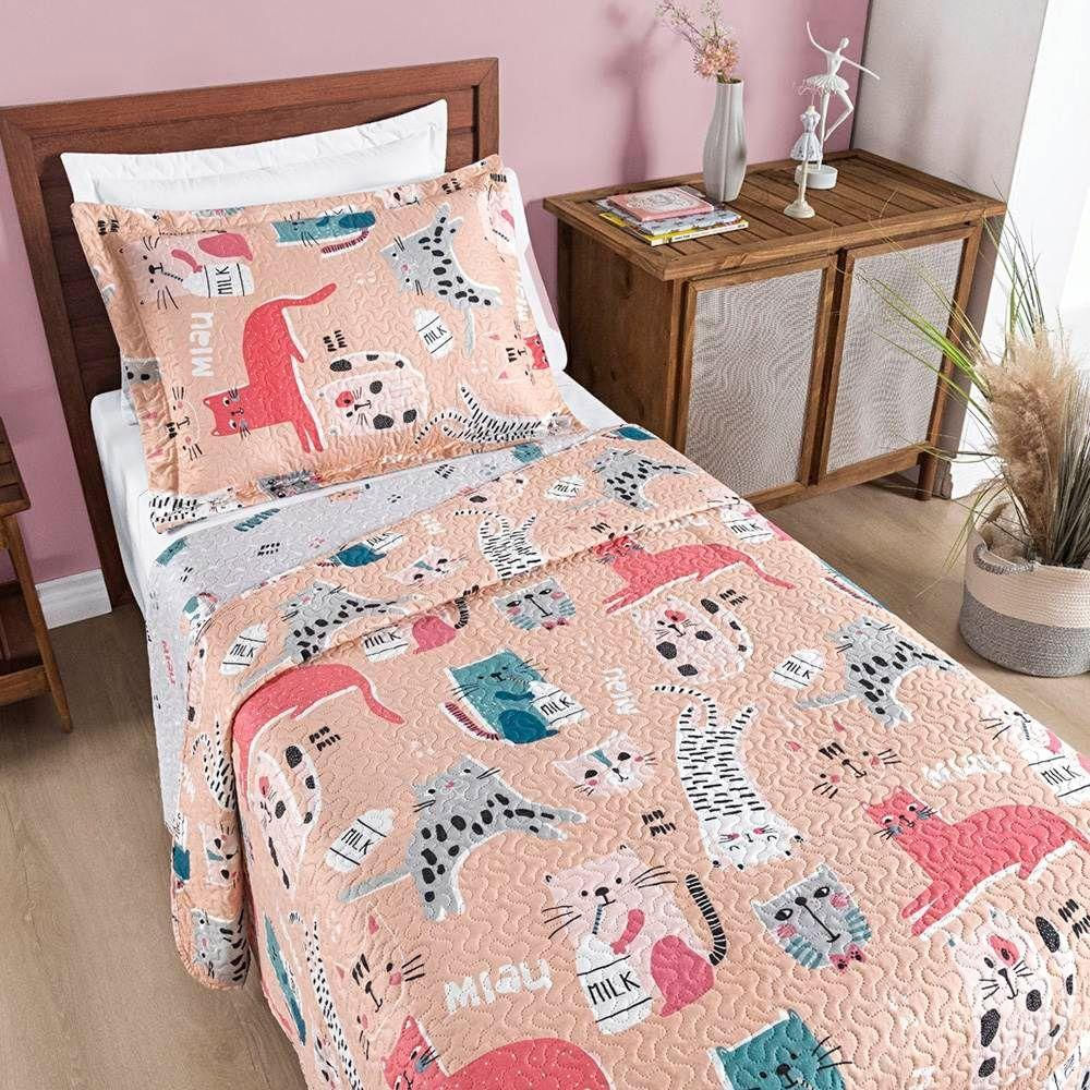 Colcha Solteiro Bouti Kids Dupla Face Estampado 2 Peças Gatinha