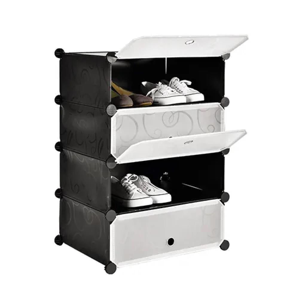 Guarda Roupa Modular 4 Prateleiras Sapateira Organizador Portatil Brinquedos Armario Com Porta Luxo Preto