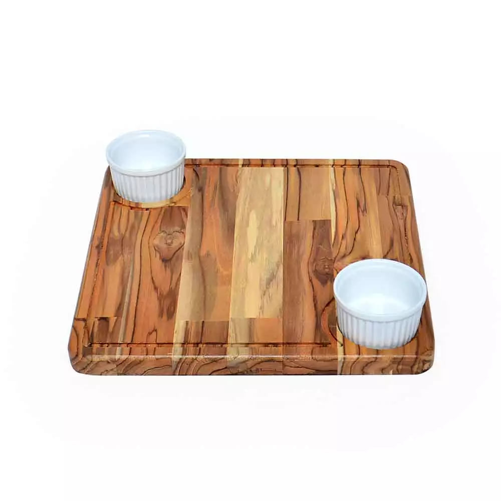 Tábua de Petisco Decorglass Teka Quadrada de Madeira com 2 Ramequins