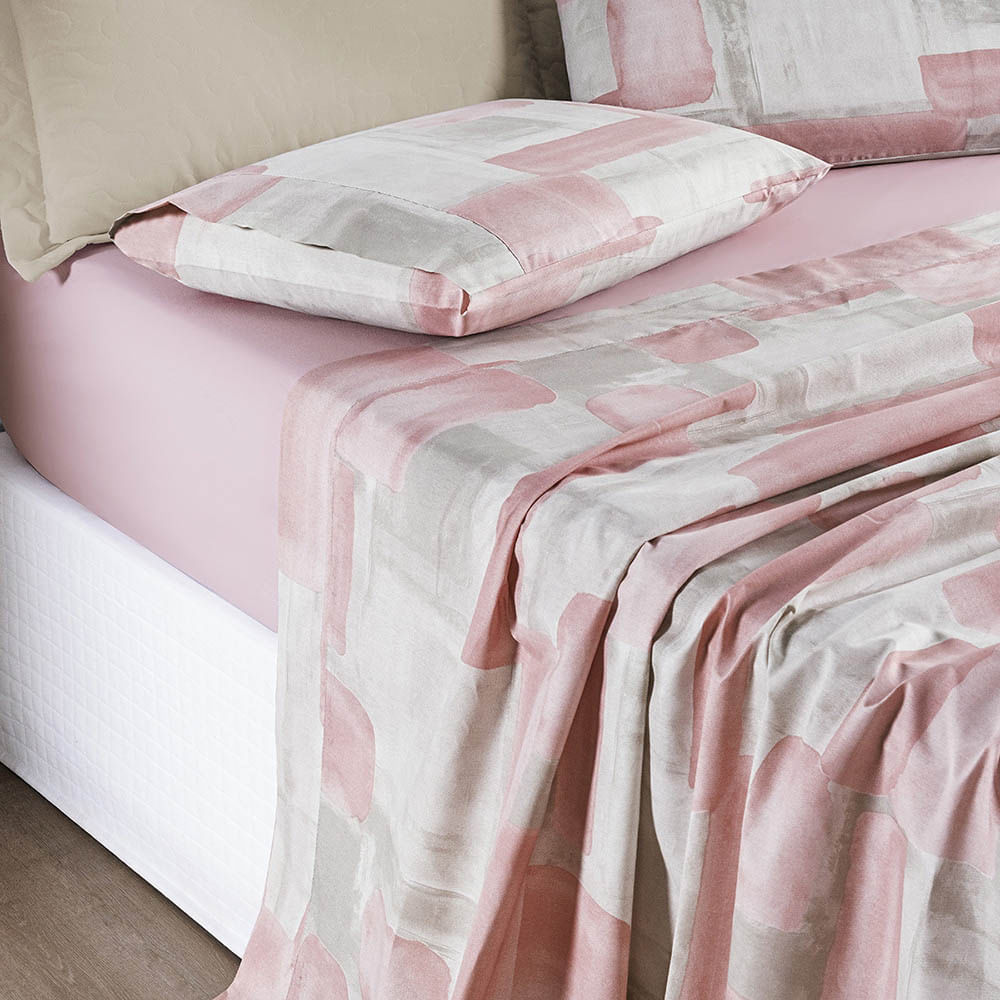 Jogo de Cama Lençol Maggy King 4 Peças Percale 200 Fios Estampado - Quadri Rosa