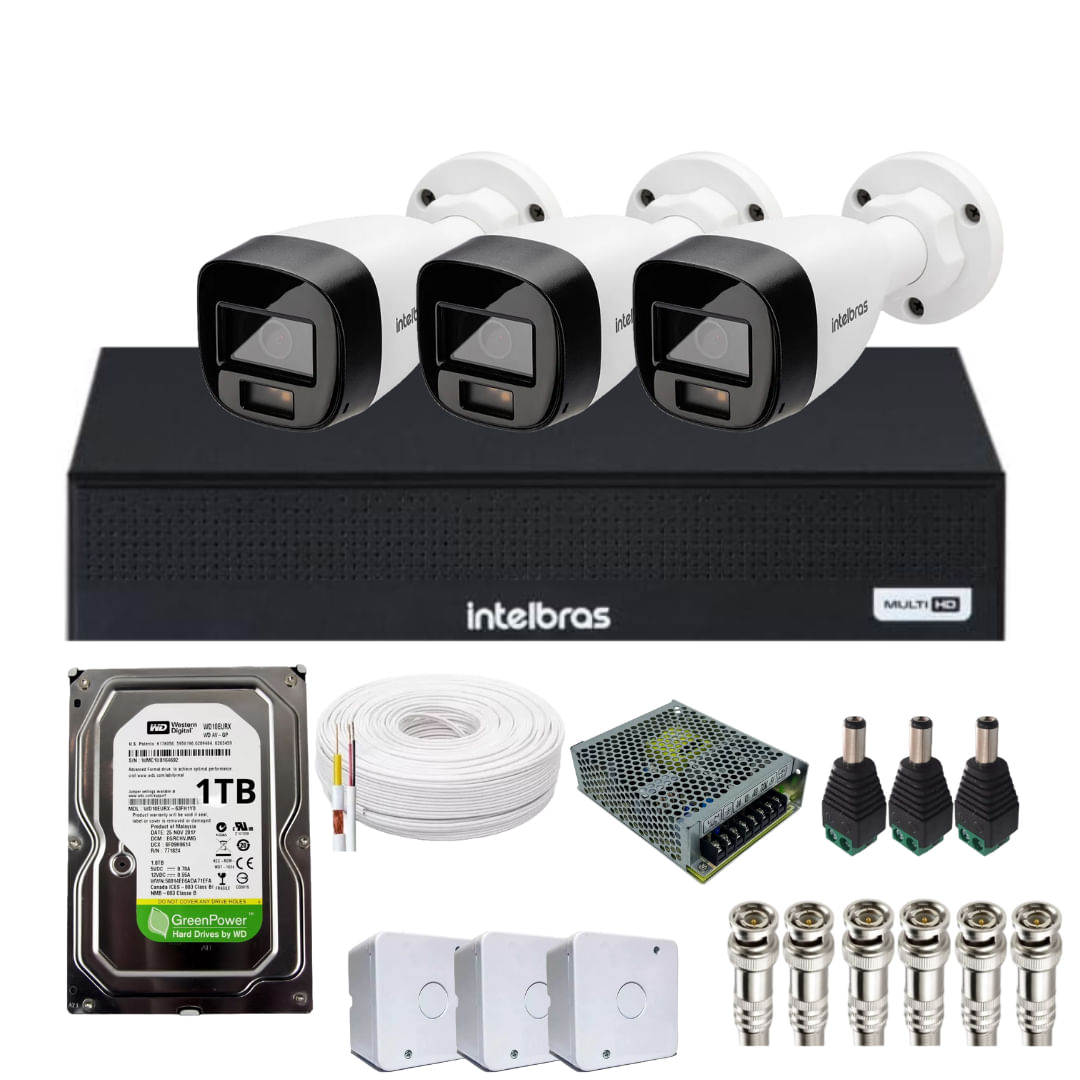 Kit 3 Câmeras Intelbras 1120b Full Color, Dvr 4ch Mhdx 1004c  Hd 1tb