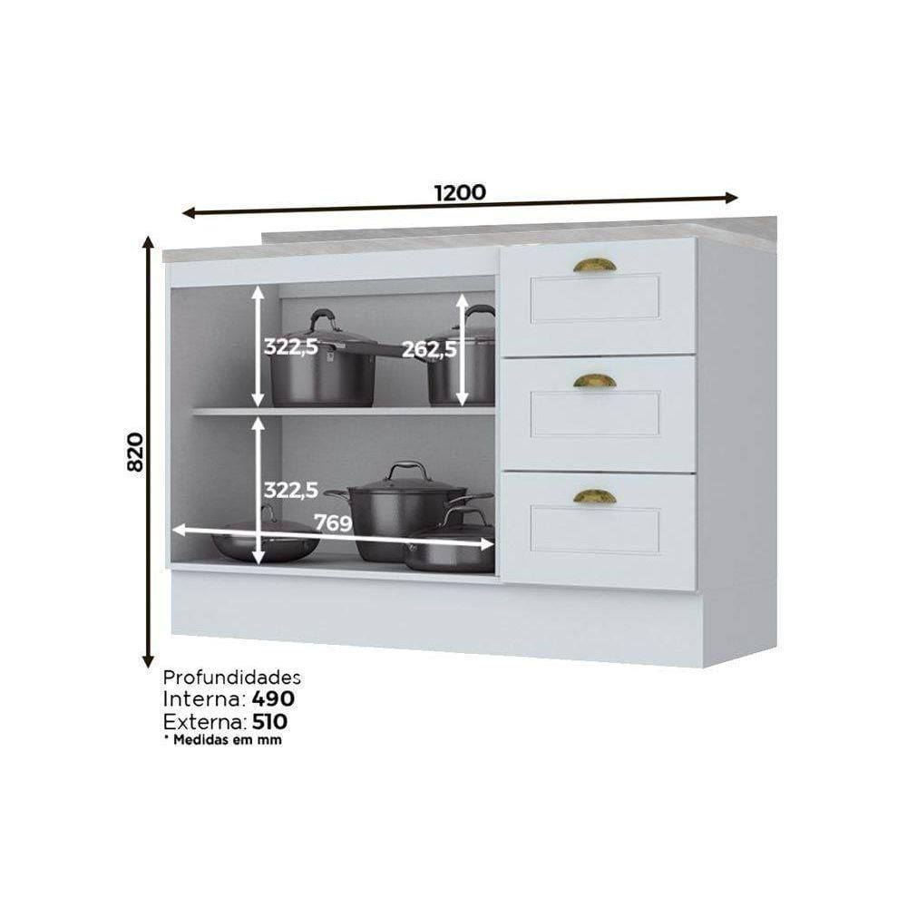 Balcão De Cozinha Modulado Para Pia Com Tampo Americana Com 2 Portas E 3 Gavetas 120cm Cinza