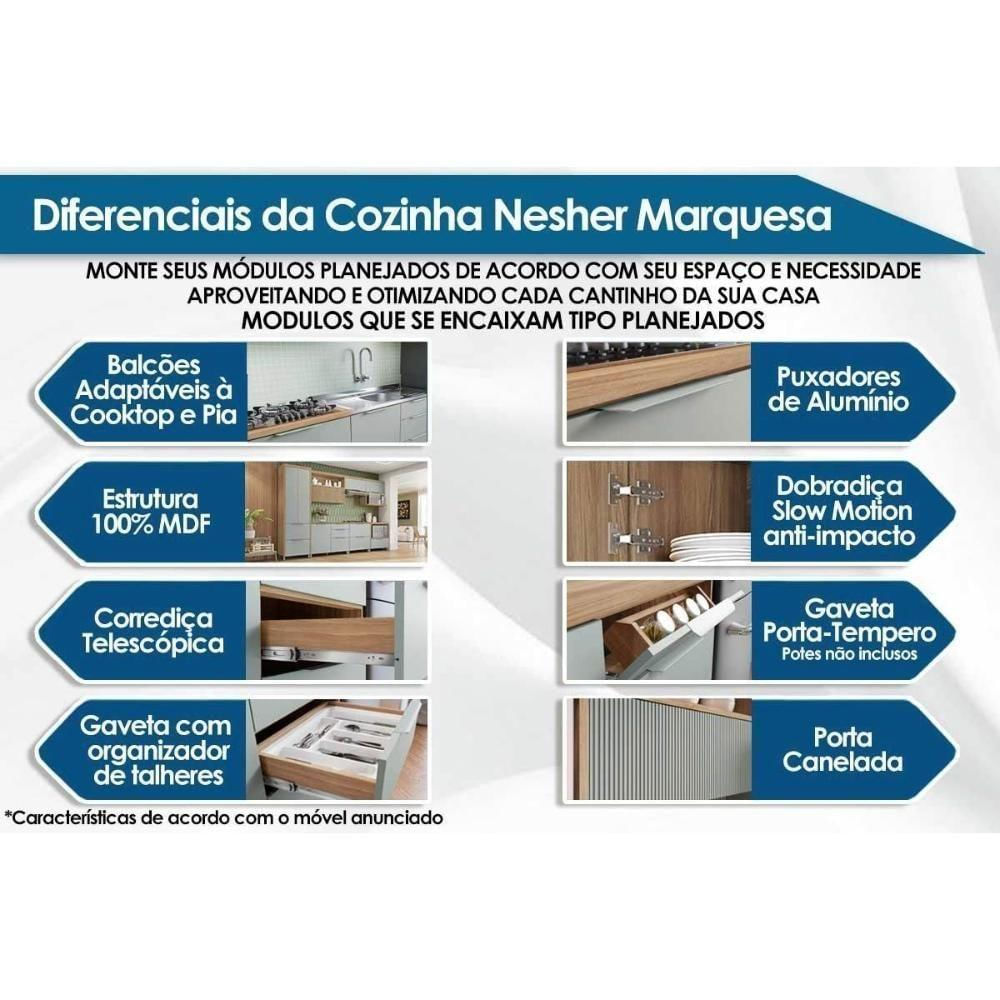 Balcão De Cozinha Modulado Marquesa Com 2 Portas E 4 Gavetas 200cm Nature Verde