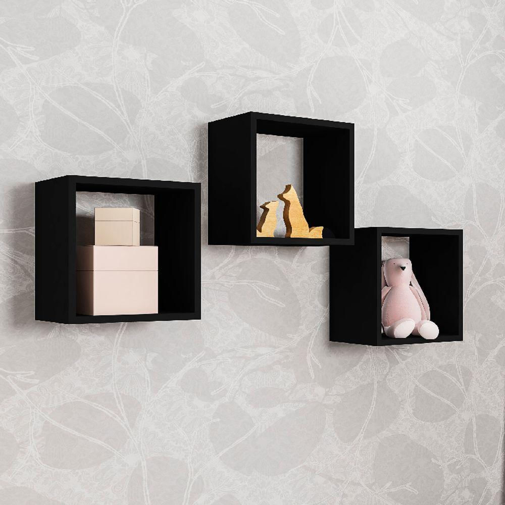 Kit 3 Nichos De Parede Decorativos Quadrado Preto - Ajl Móveis