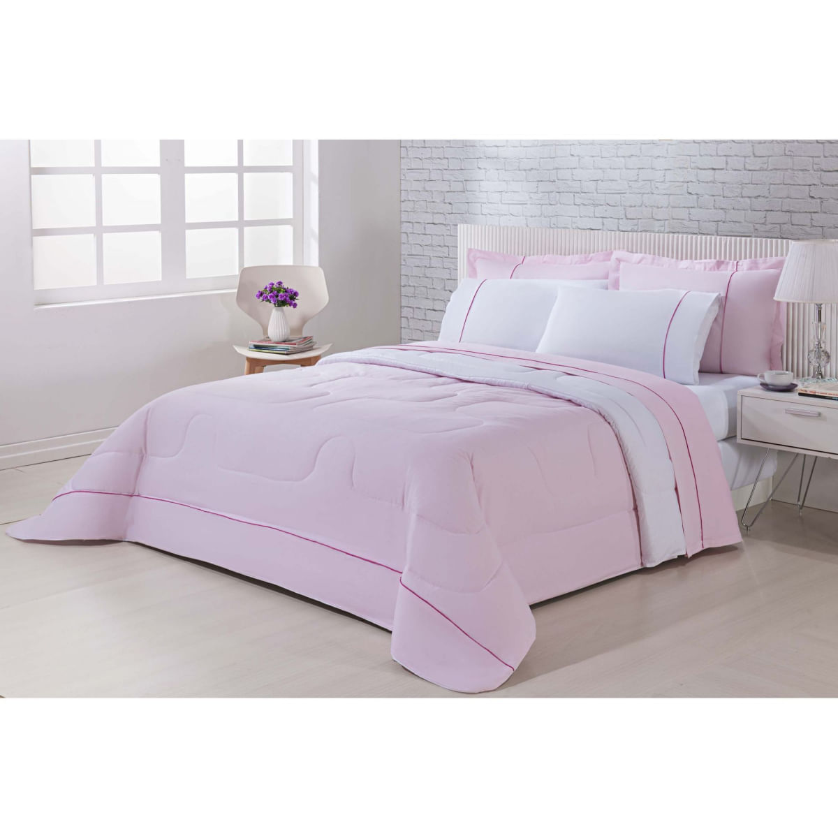 Edredom 100% Algodão Percal 150 Fios Dupla Face Solteiro Gran Moratta 1 Peça - Rosa/Branco