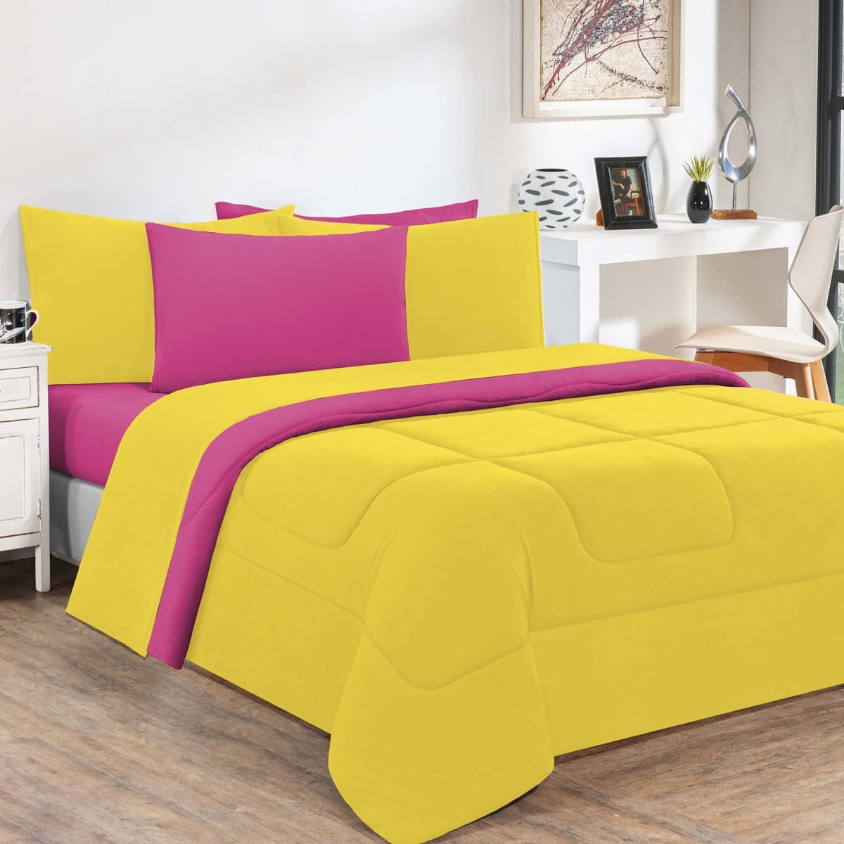 Edredom Malha 100% Algodão Gran Moratta 1 Peça King - Amarelo/Pink