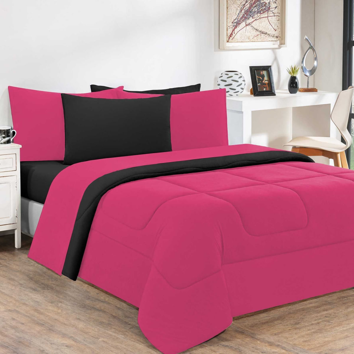 Edredom Malha 100% Algodão Gran Moratta 1 Peça Casal - Pink /Preto