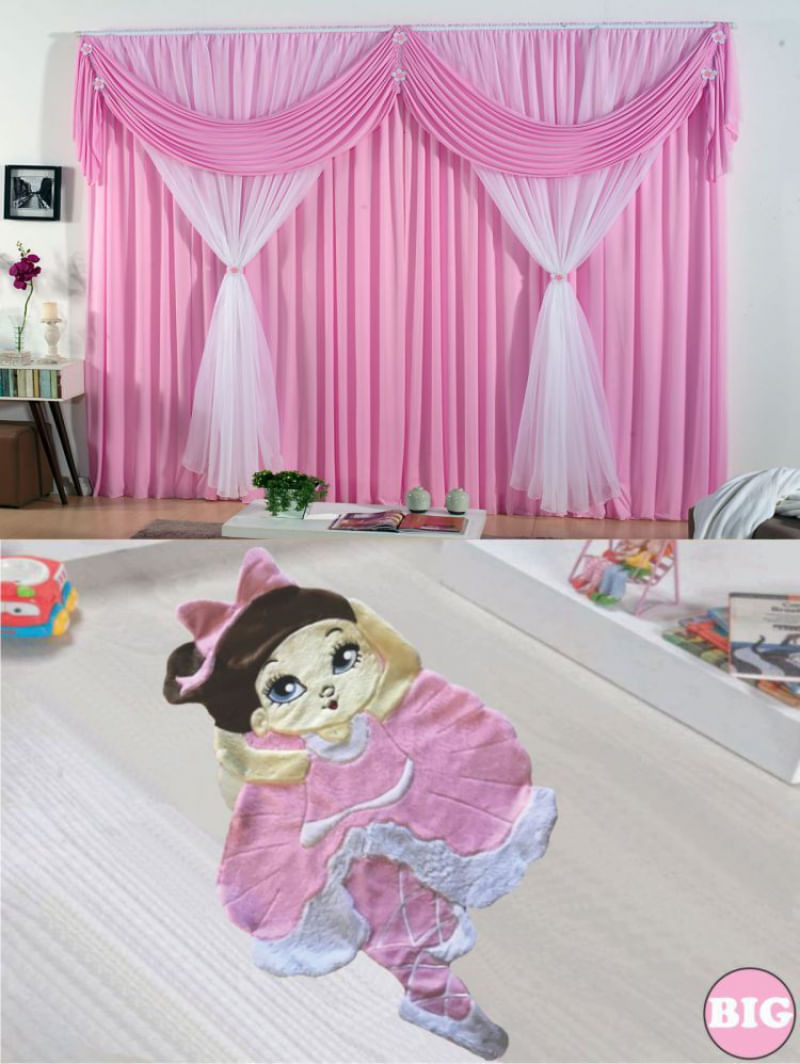 Kit decoração p/ Quarto de Menina = Cortina Malha Jéssica + Tapete Pelucia Big Joaninha - Pink