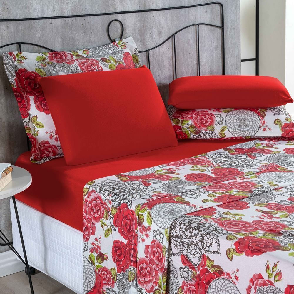 Jogo De Cama Malha Lençol 100% Algodão Primavera 4 Peças Casal - Floral Vermelho