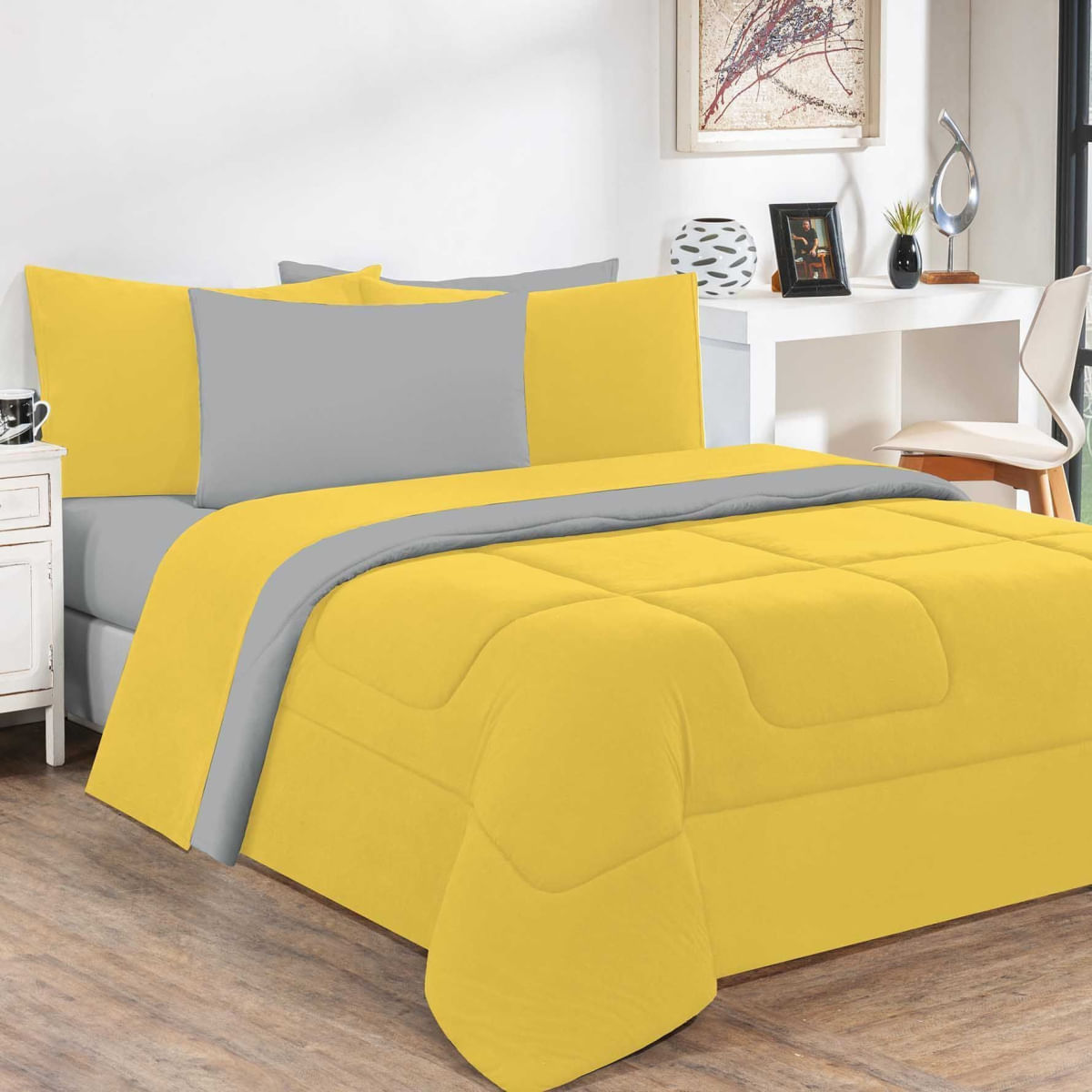 Kit Edredom + Jogo De Lençol Malha 100% Algodão Gran Moratta 6 Peças Queen - Amarelo/Cinza