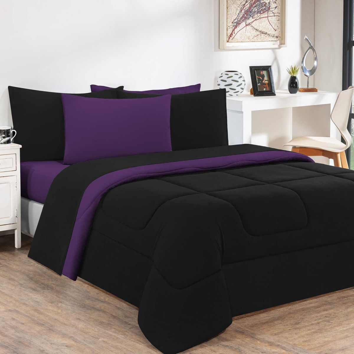 Kit Edredom + Jogo De Lençol Malha 100% Algodão Gran Moratta 6 Peças Casal - Preto/Roxo
