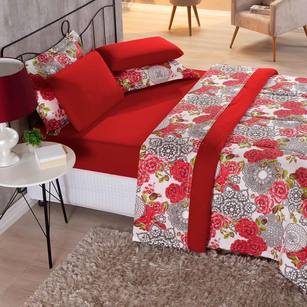 Kit Edredom + Jogo De Lençol Malha 100% Algodão Primavera 6 Peças King - Floral Vermelho