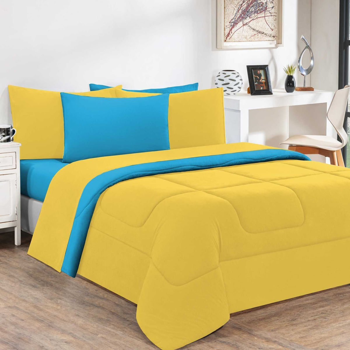 Kit Edredom Malha 100% Algodão Gran Moratta 3 Peças King - Amarelo/Azul Turquesa