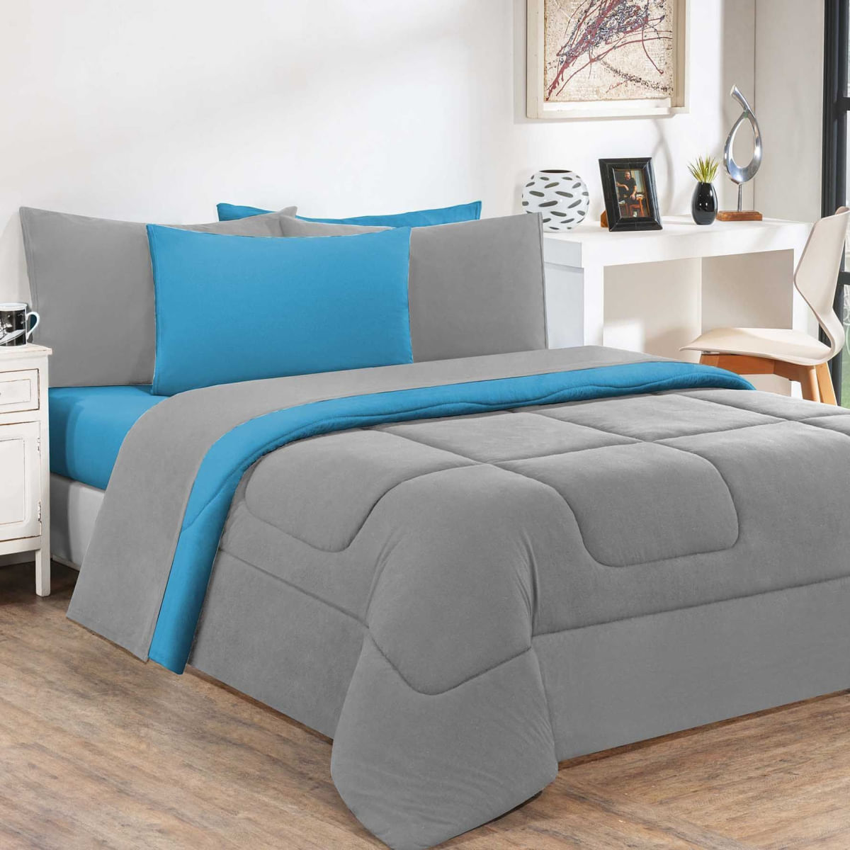 Kit Edredom Malha 100% Algodão Gran Moratta 3 Peças Queen - Cinza/Azul Turquesa