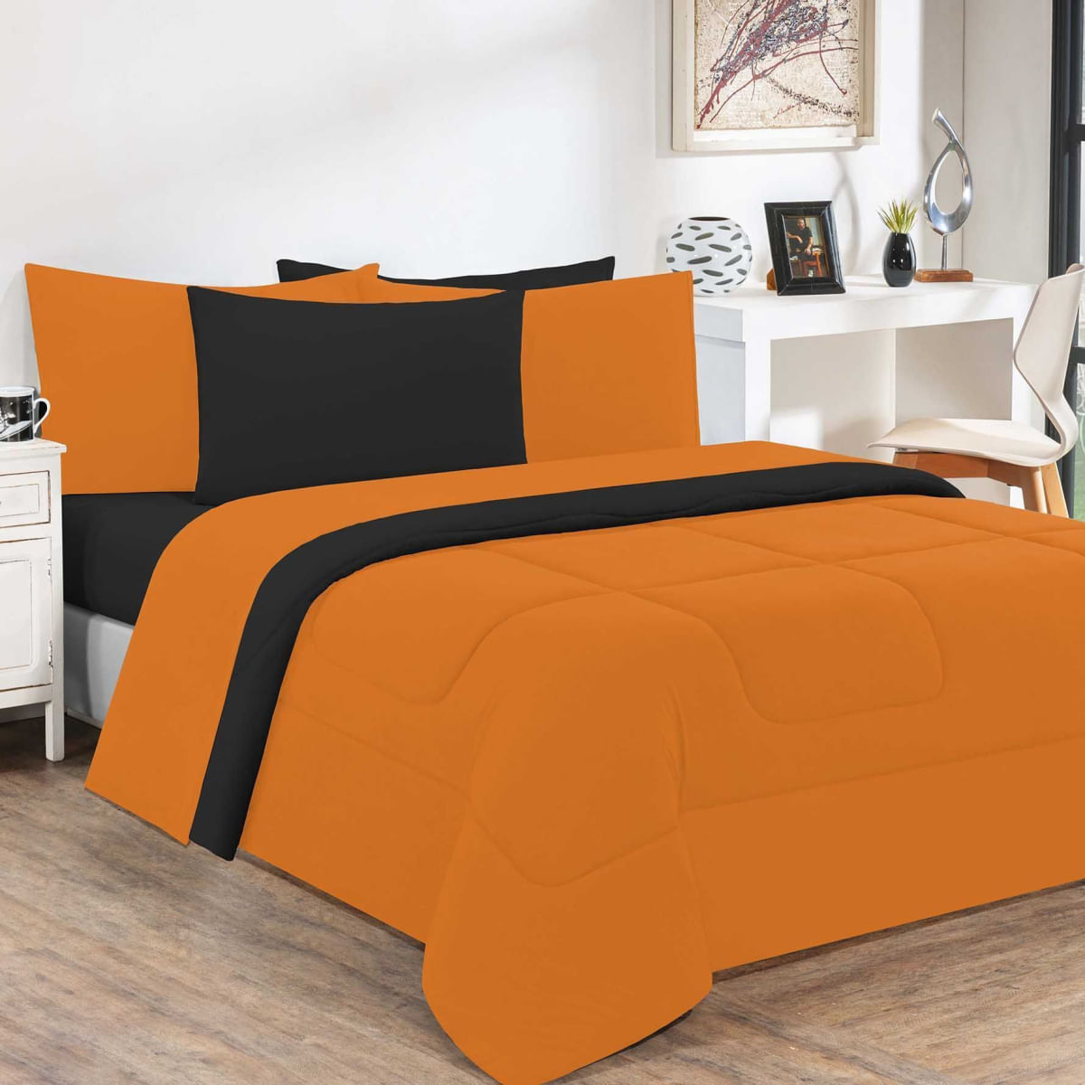 Kit Edredom Malha 100% Algodão Gran Moratta 3 Peças Casal - Laranja /Preto