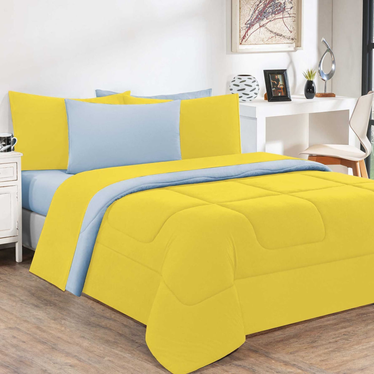 Kit Edredom Malha 100% Algodão Gran Moratta 2 Peças Solteiro - Amarelo/Azul Bebê