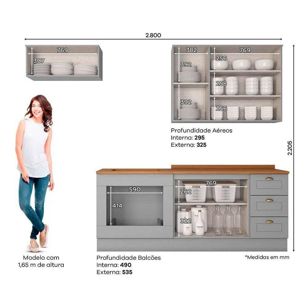 Kit Cozinha Modulada 6 Peças Americana 2 Aéreos + 2 Balcões + 2 Complementos Cz151 Cinza