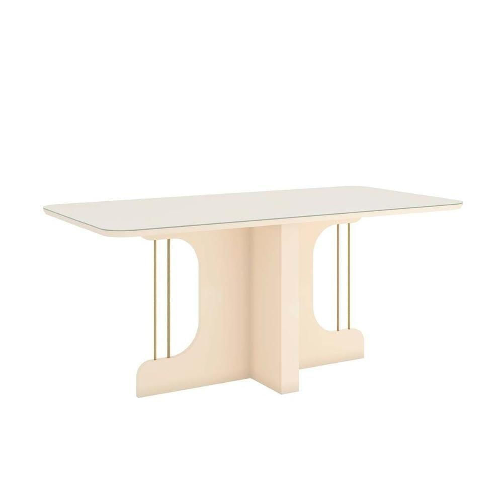 Mesa Para Cozinha Mavi Sc106 Com Tampo Madeirado Com Vidro Curvo 180x90cm Off White Henn