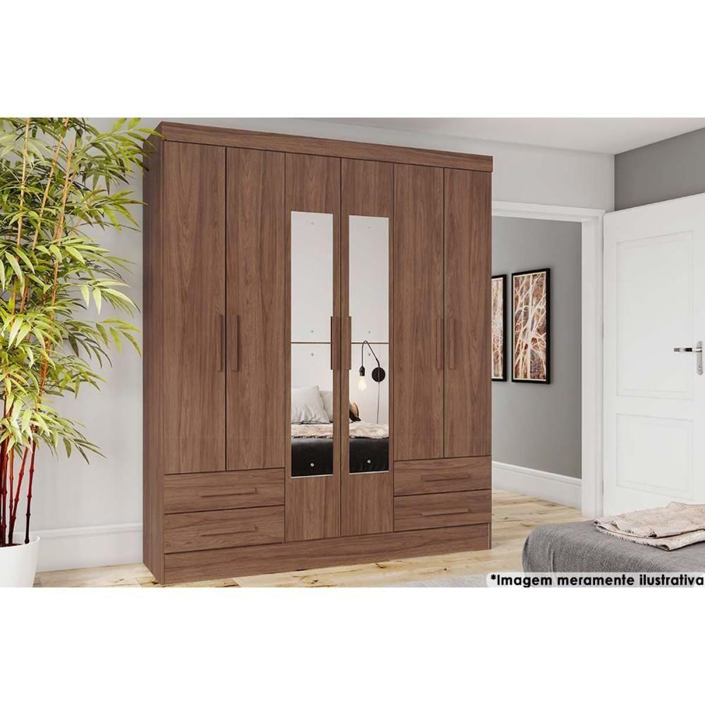 Guarda Roupa Casal 6 Portas (2 C- Espelho) E 4 Gavetas Briz B63 Castanho - Henn