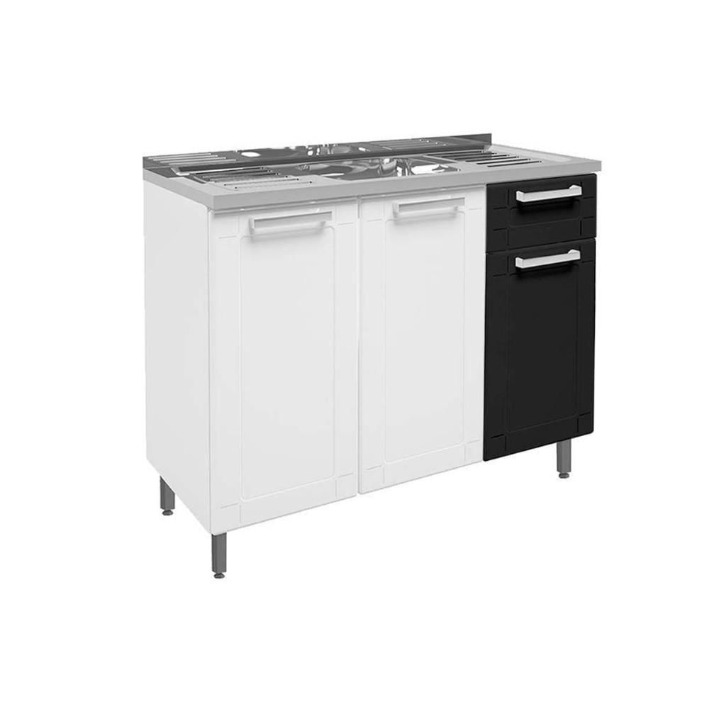 Balcão De Cozinha Modulado Com Pia Múltipla Com 3 Portas E 1 Gaveta Branco Preto Bertolini