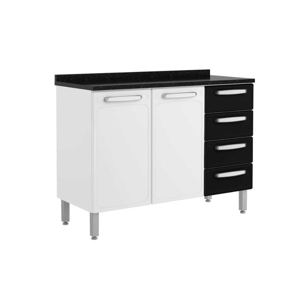 Gabinete Para Pia Cozinha Balcão Com Tampo Evidence 7126 Com 2 Portas E 4 Gavetas 120cm Branco Preto Bertolini