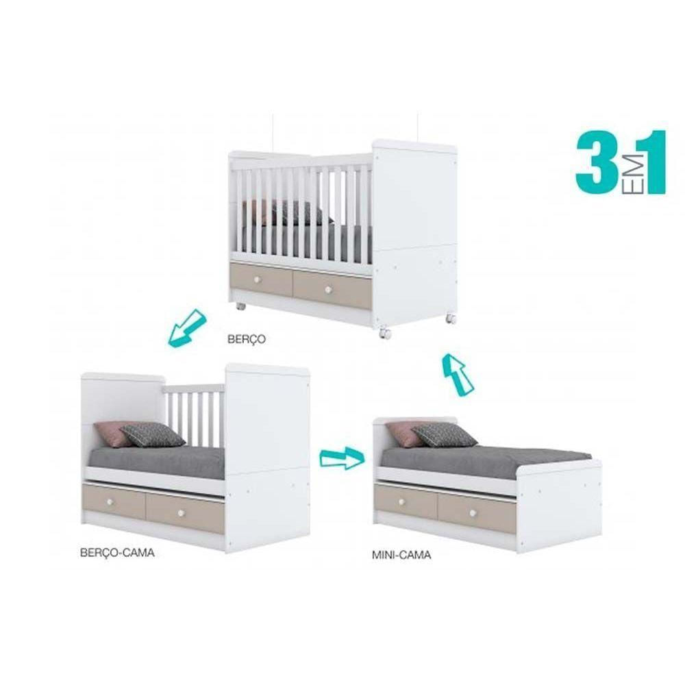 Berço - Mini Cama Infantil Aquarela 3 Em 1 C- 2 Gavetas + Colchão Castor Cristal-branco - Henn