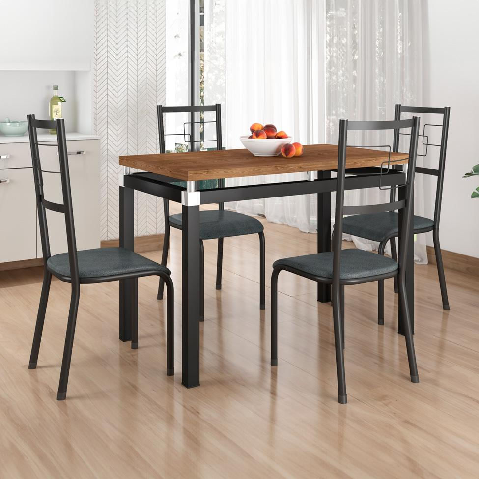 Conjunto de Mesa Retangular com Tampo de MDP Marrom Copenhague e 4 Cadeiras Monterrey Revestimento Sintético Preto