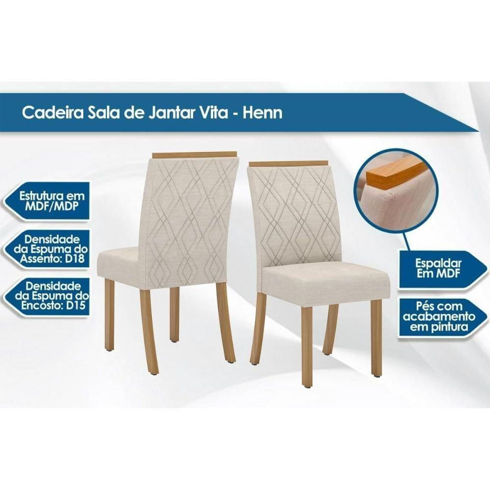 Conjunto Mesa De Cozinha Luiza Com Tampo Reto Madeirado Com Vidro 120x90cm E 4 Cadeiras Vita Nature Linho Henn