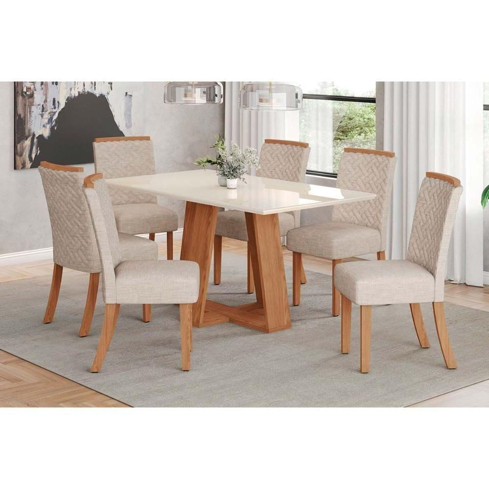 Conjunto Mesa Sala Jantar Lins Com Tampo Madeirado Com Vidro 160x90cm E 6 Cadeiras Malu Nature Linho Henn