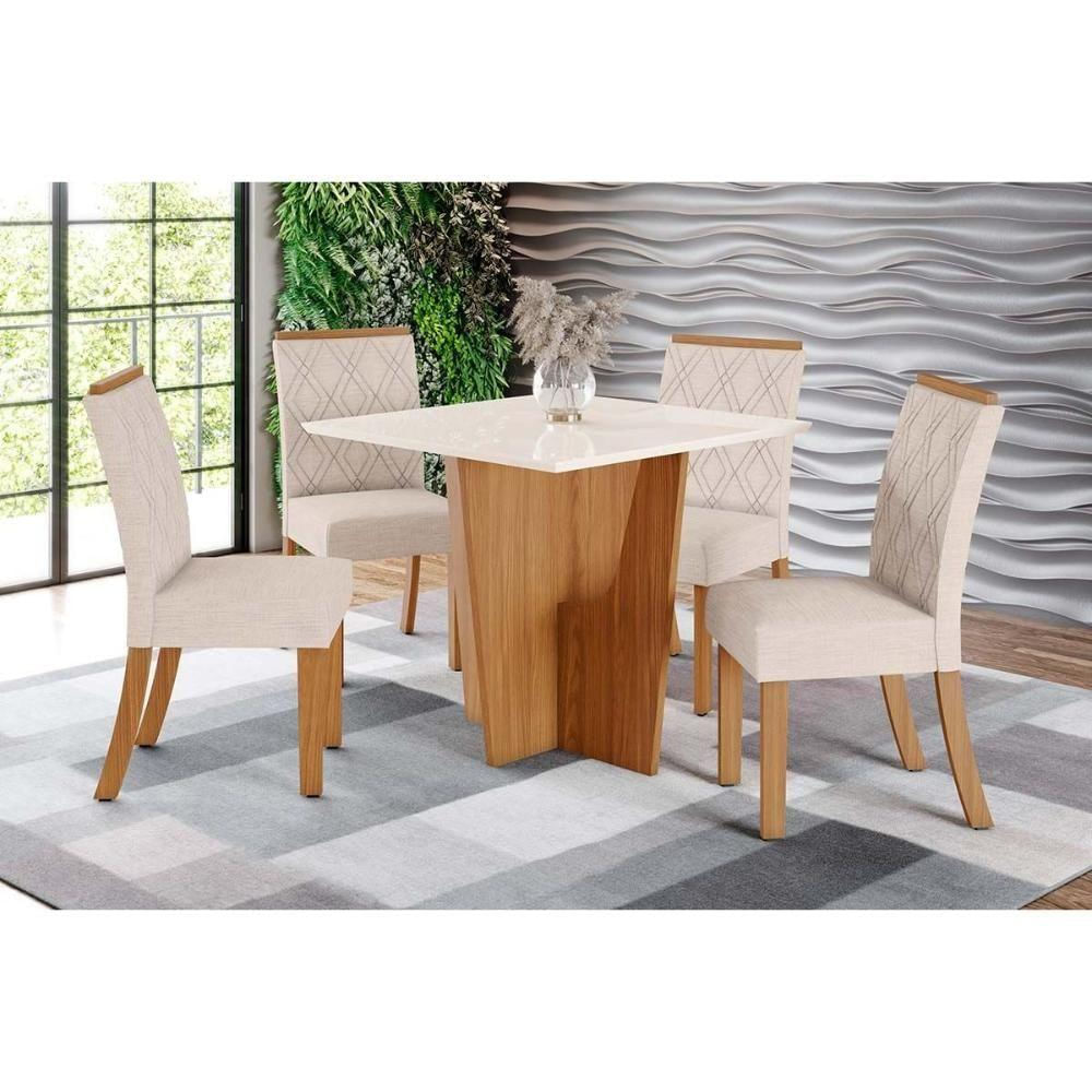 Conjunto Mesa Sala Jantar Vértice Com Tampo Reto Madeirado Com Vidro 90x90cm E 4 Cadeiras Vita Nature Linho Henn