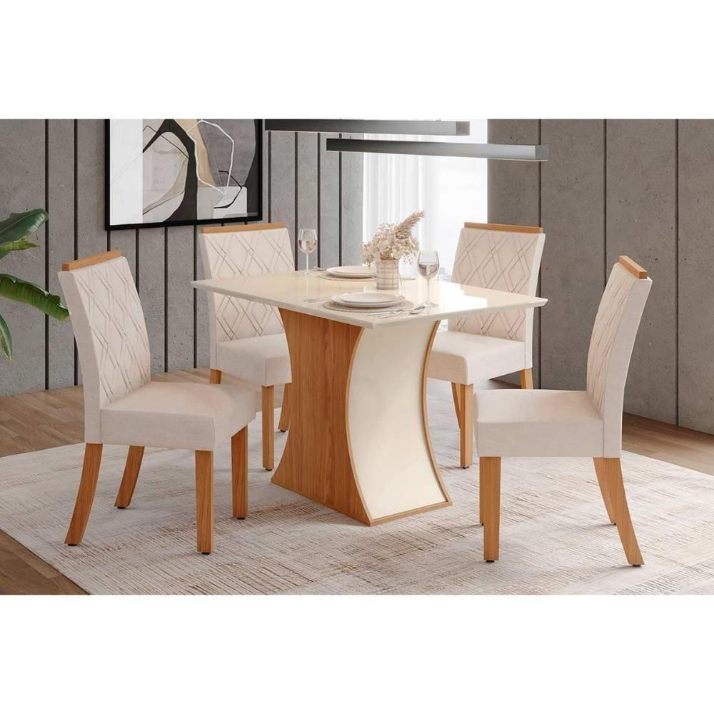 Conjunto Mesa Sala Jantar Luiza Com Tampo Reto Madeirado Com Vidro 120x90cm E 4 Cadeiras Vita Nature Linho Henn