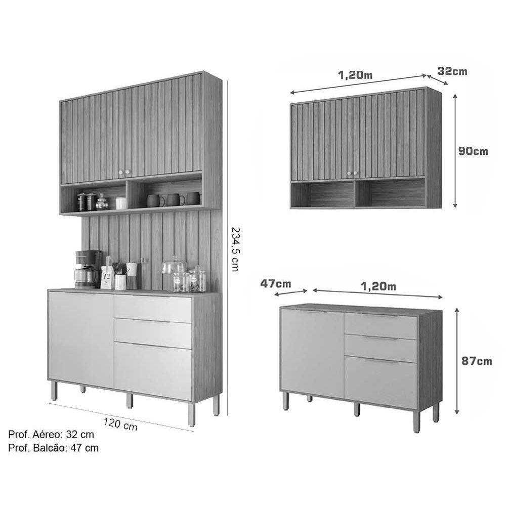 Cozinha Modulada Completa Divina 3 Peças 1 Aéreo + 1 Balcão + Complemento Cz008 Freijó Titanium