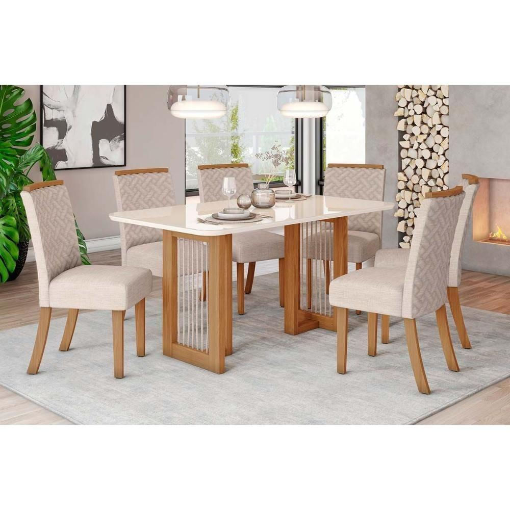 Conjunto Mesa Sala Jantar Yara Com Tampo Madeirado Com Vidro Curvo 160x90cm E 6 Cadeiras Malu Nature Linho Henn