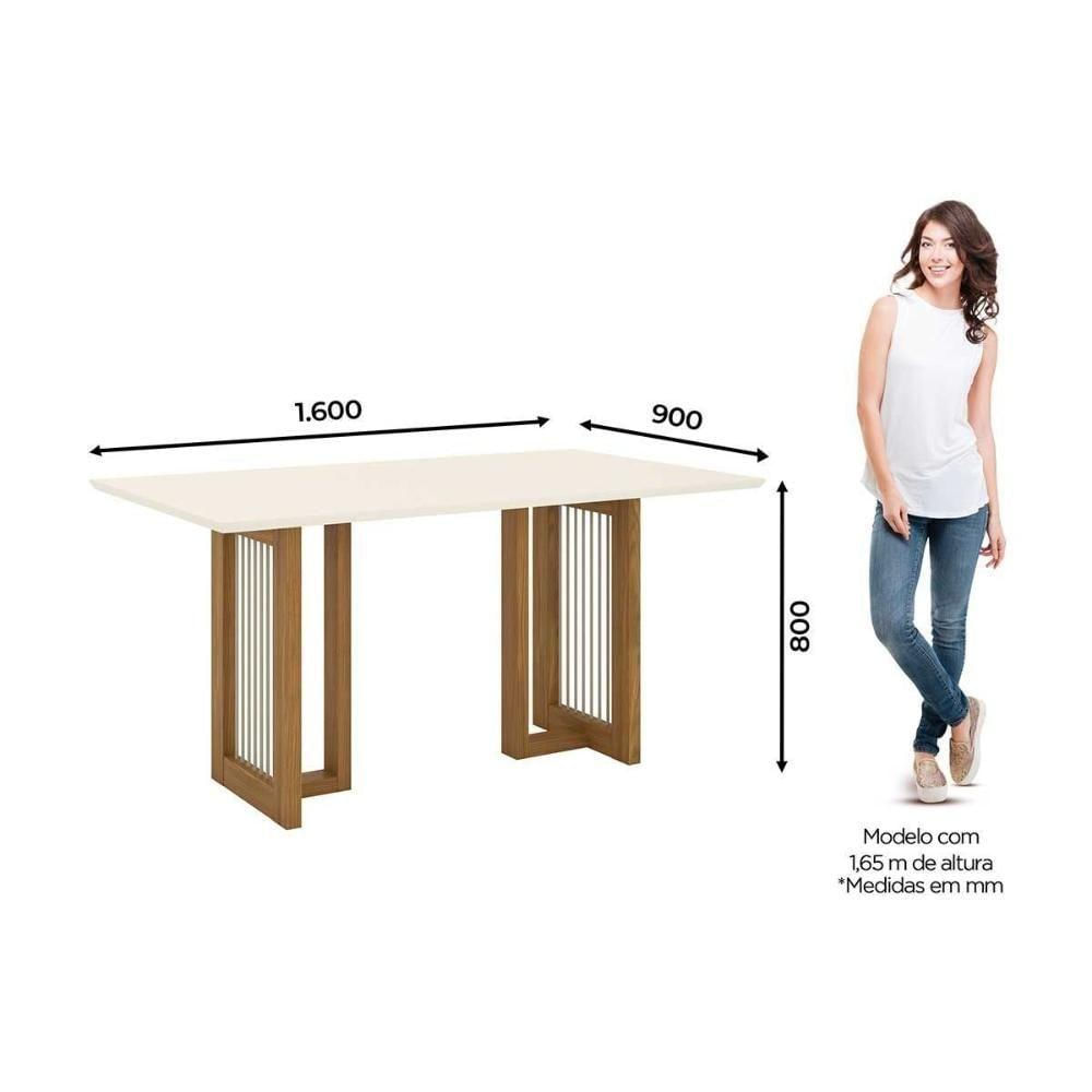 Conjunto Mesa Sala Jantar Yara Com Tampo Madeirado Com Vidro Reto 160x90cm E 6 Cadeiras Malu Nature Linho Henn