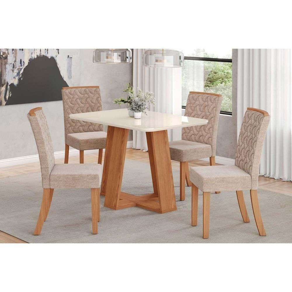 Conjunto Mesa Sala Jantar Lins Com Tampo Madeirado Com Vidro Curvo 120x80cm E 4 Cadeiras Esther Nature Linho Creme Henn