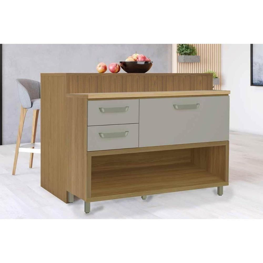 Balcão Ilha Cozinha Gourmet Princesa Com 1 Porta E 2 Gavetas 120cm Freijó Grafite