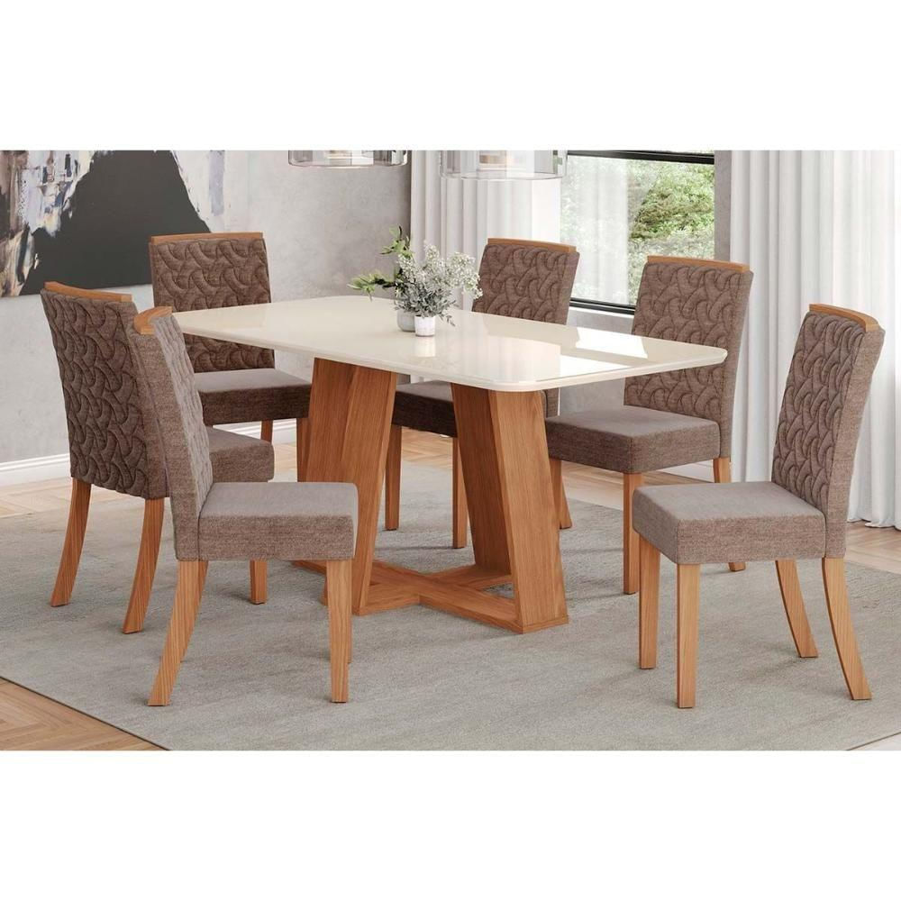 Conjunto Mesa Sala Jantar Lins Com Tampo Madeirado Com Vidro Curvo 180x90cm E 6 Cadeiras Esther Nature Linho Cacao Henn