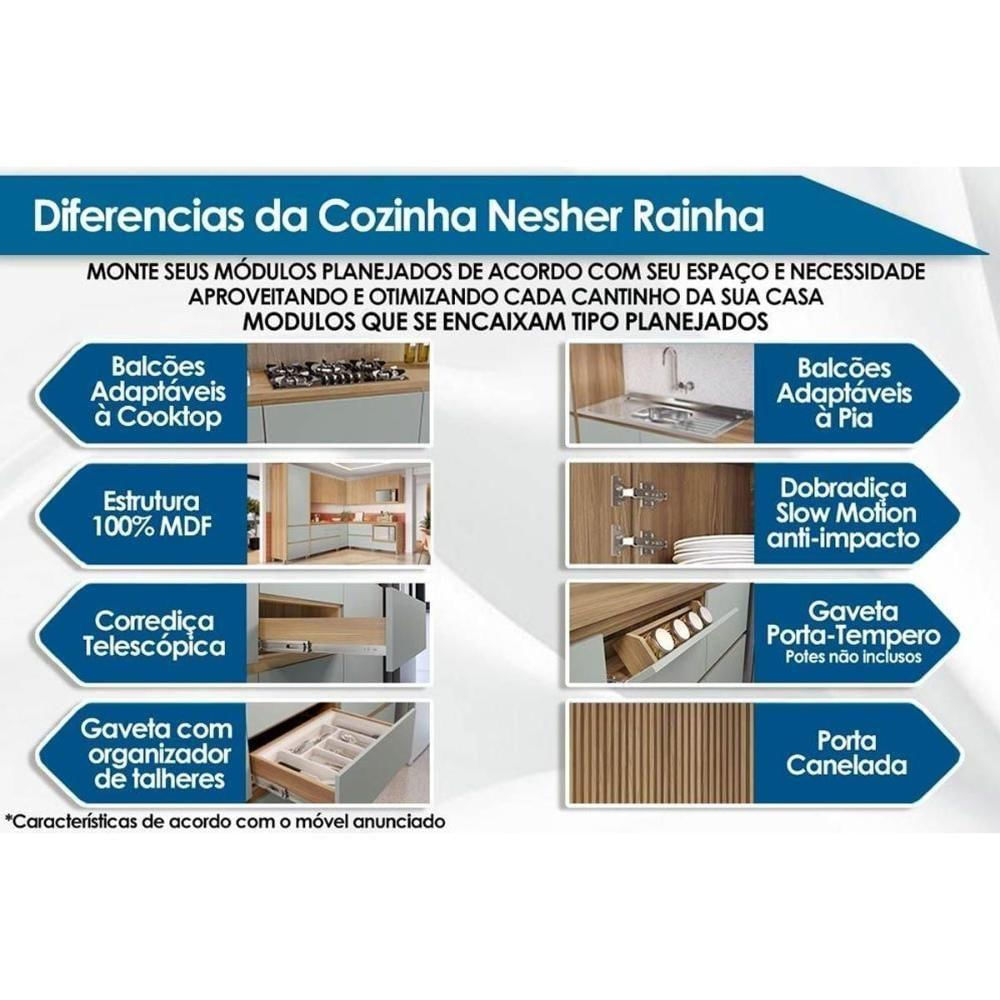 Balcão De Cozinha Modulado Rainha Com 2 Portas E 5 Gavetas 200cm Nature Verde