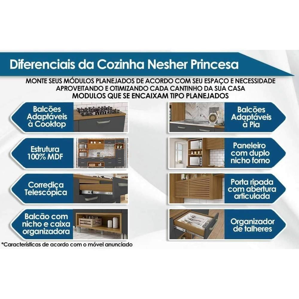 Balcão Ilha Cozinha Gourmet Princesa Com 2 Portas E 3 Gavetas 200cm Freijó Grafite