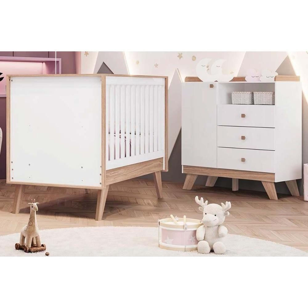 Quarto De Bebê Completo Confete 2 Peças (1 Cômoda + 1 Berço) Qi65 Branco-jequitiba - Henn