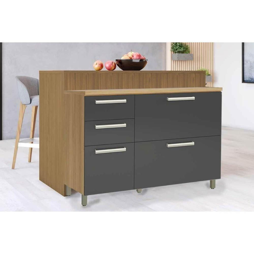 Balcão Ilha Cozinha Gourmet Burguesa Com 2 Portas E 3 Gavetas 120cm Freijó Grafite