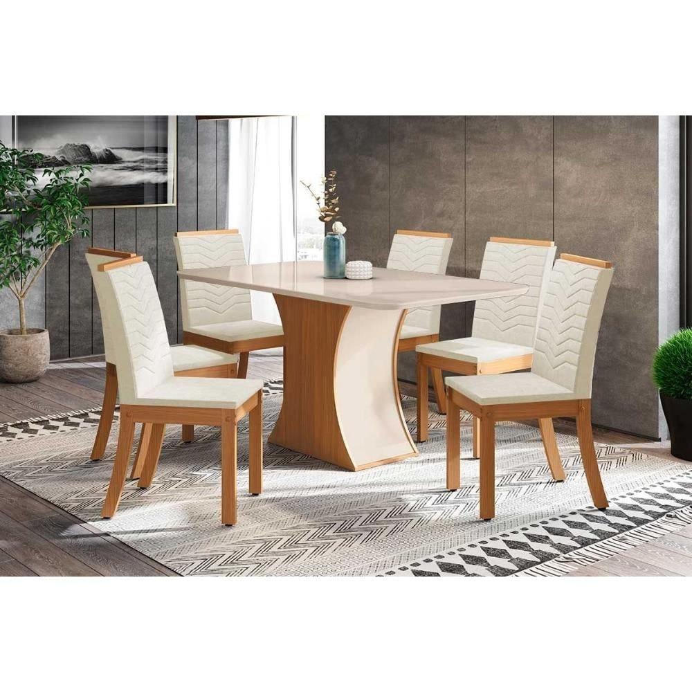 Conjunto Mesa Sala Jantar Luiza Com Tampo De Vidro 160x90cm E 6 Cadeiras Isa Nature Off White Linho Bege Henn