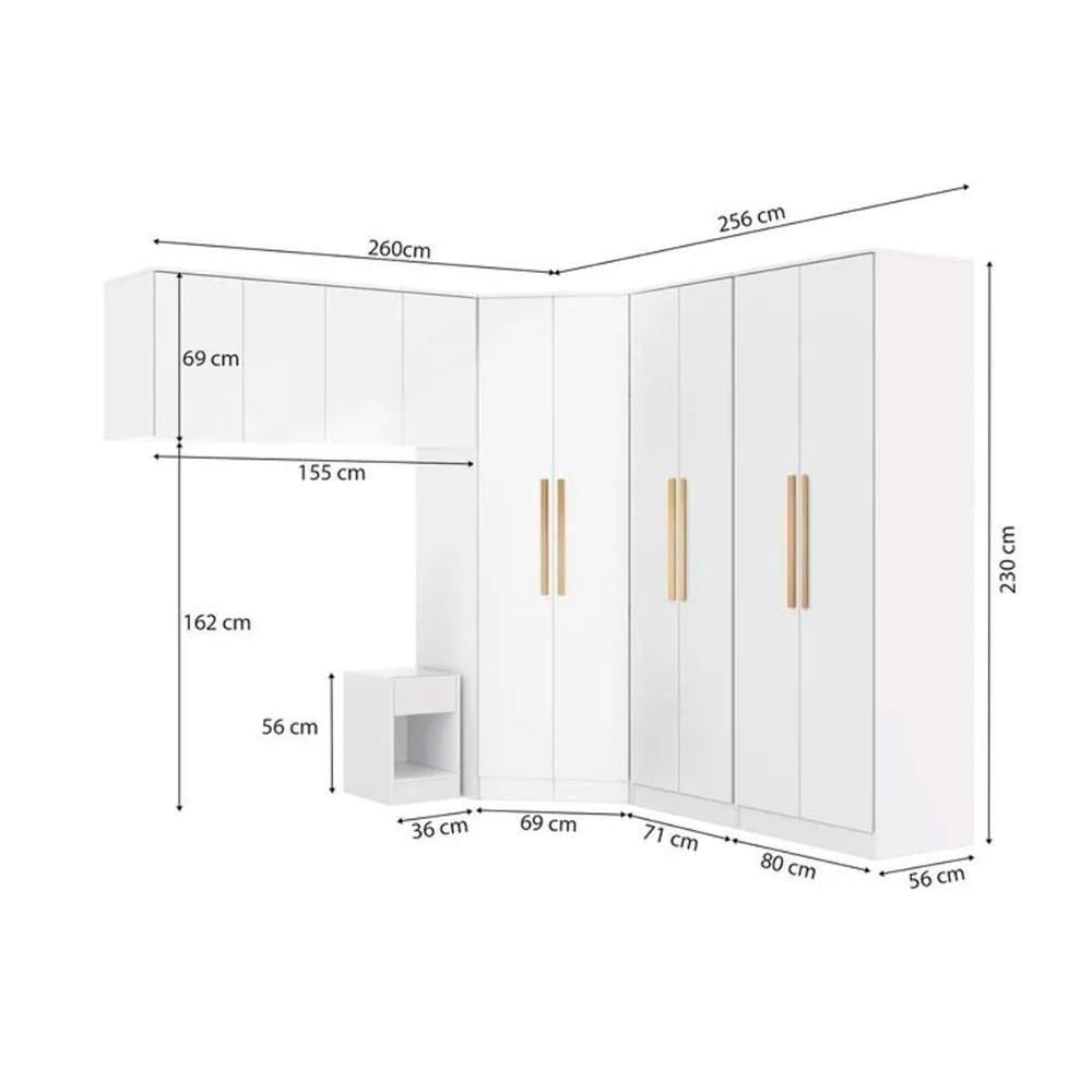 Modulado De Quarto Adapt 6 Peças (2 Armários + 1 Ponte Aérea + 2 Complementos + 1 Closet De Canto Obliquo) Qcm154 Branco - Kappesberg