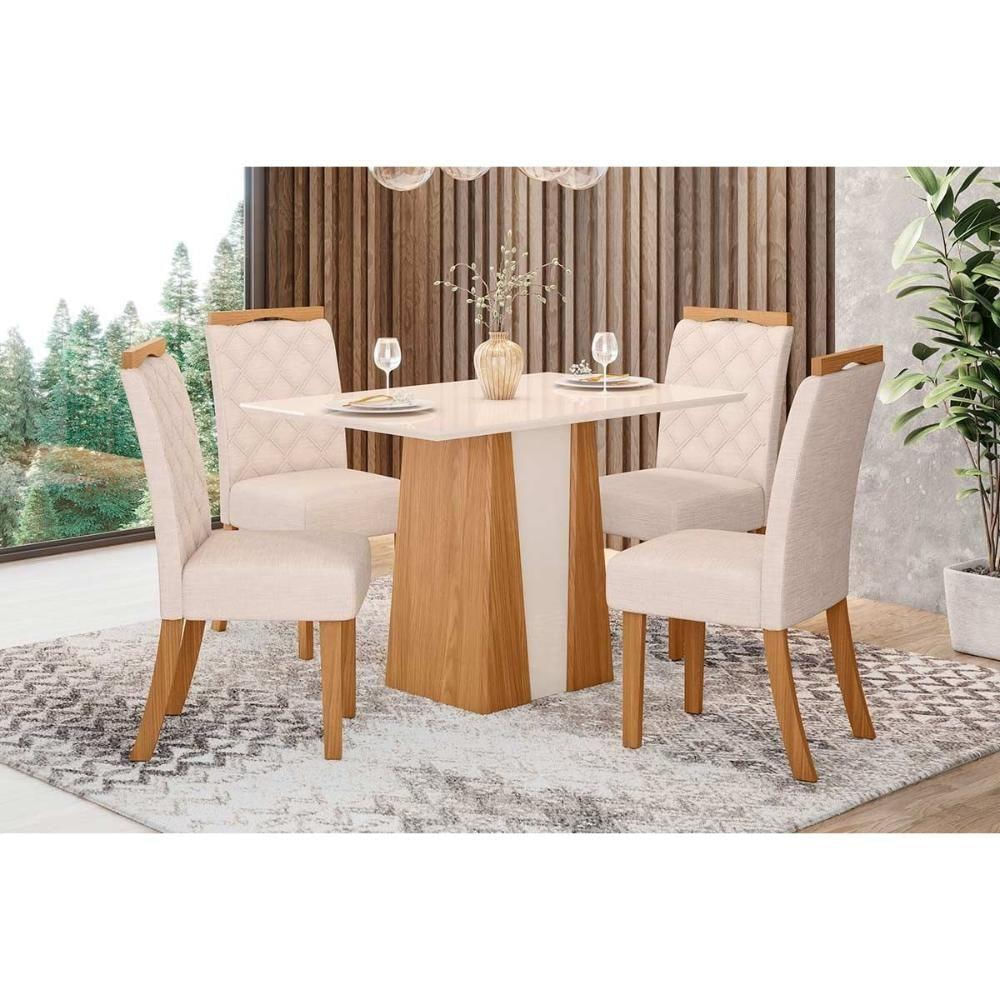 Conjunto Mesa Sala Jantar Orus Com Tampo Madeirado 120x80cm E 4 Cadeiras Bella Nature Off White Linho Bege Henn