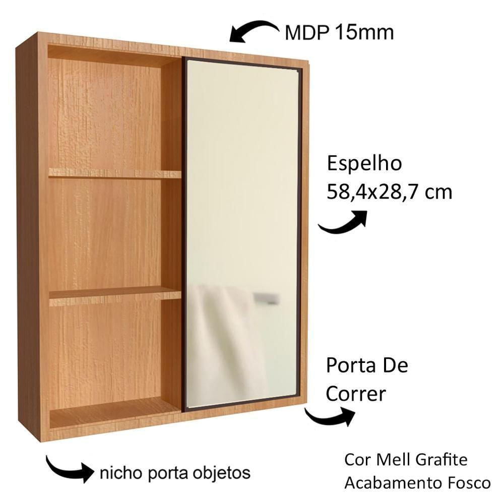 Gabinete 1 Porta Correr 60 Cm Espelheira Cj7250 Mell Grafite Faem Mell Grafite