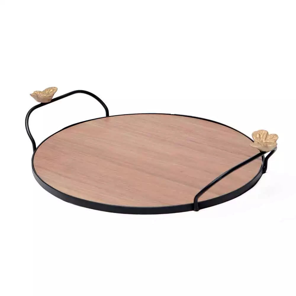 Bandeja Redonda Decorglass Borboletas em Ferro com Base em Madeira 37cm - 1 Peça